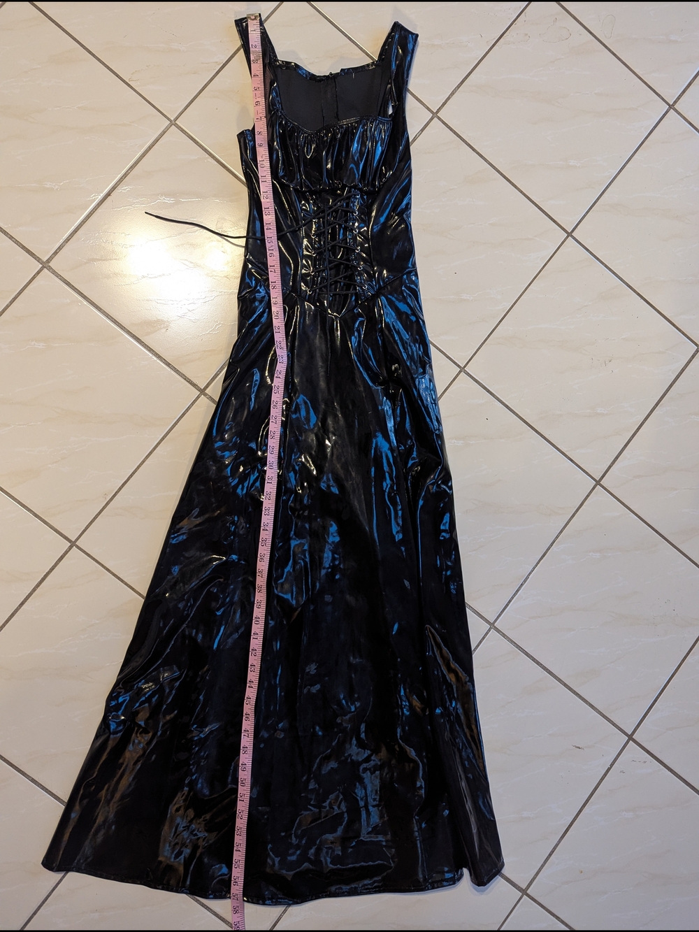 Black Patent Maxi Dress with Lace-Up Bodice